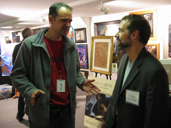 Trying to find the right words - in front of Donato’s booth. (Donato at right)